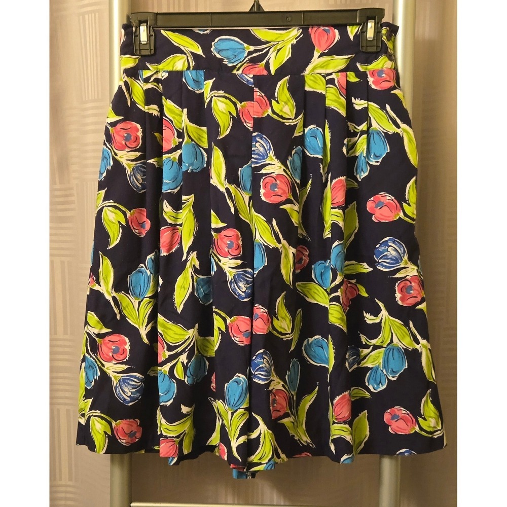 Kirsten Grey Vintage 90s Floral Pleated Shorts Navy Blue Pink Tulip Size 14